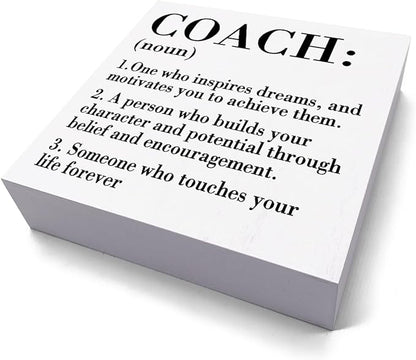 HTBIG Rustic White Wooden Coach Definition Sign, 5.1 x 5.1 Inches, Perfect for Home Office, Bedroom, Classroom, Cubicle, Counseling Desk, Shelf, Table Decoration