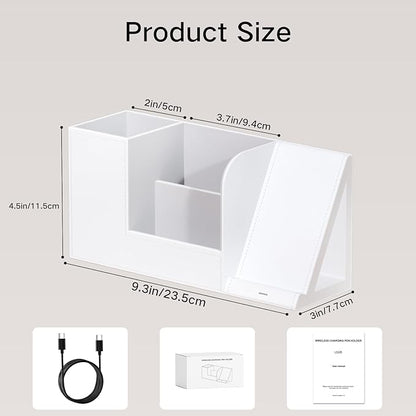 Multi-Functional Pencil Holder for Desk, Desk Organizers and Accessories with 4 Compartments for Office Art Supplies,Desk Phone Stand Charger for Desktop/Counter,Wihte Office Storage for Pens, Keys