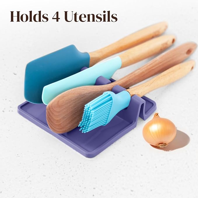 Cooler Kitchen Silicone Spoon Rest for Stove Top with Drip Pad (Two Pack) - Heat Resistant BPA Free Utensil Rest & Spoon Holder for Kitchen Counter - Grill Utensil Holder - Spatula Holder, Purple