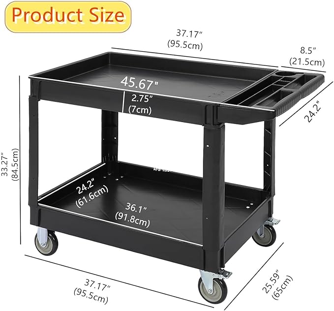 Service Cart 2-Shelf, Storage Handle, 500 lbs Capacity, for Warehouse/Garage/Cleaning/Manufacturing，45"X25"