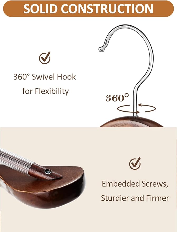 AMKUFO Wide Shoulder Wooden Hangers 8 Pack Coat Hanger with Non Slip Pants Bar, Heavy Duty Suit Hanger Wood Clothes Hangers with Smooth Finish 360° Swivel Hook for Sweater Jackets Shirts Walnut