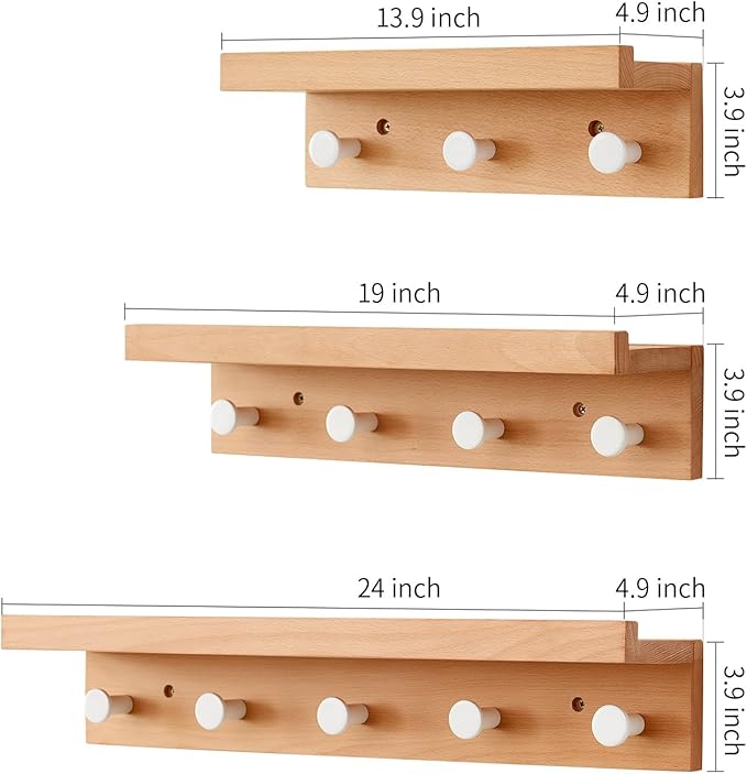 Beech Wood Coat Rack Shelf Wall Mounted, Wooden Wall Hooks with Shelves, Entryway Shelf with 4 Hooks for Hanging Clothes Hats Towel for Bathroom, Living Room, Bedroom (Natural, 19 inches)