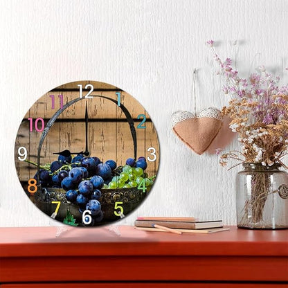 Blueberries Wall Clock 10 Inch Wooden Battery Operated Autumn Forest Maple Leaves Wall Clocks Decorative Indoor,Decorative for Kitchen Bathroom Bedroom