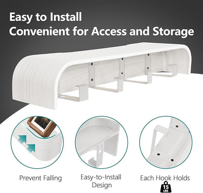 Coat Rack Wall Mount with Shelf 4 Hidden Hooks Modern Wooden Key Holder Entryway Organizer for Hallway Bedroom Bathroom Home Decor Storage for Hanging Coats Hats Bags Towels, White