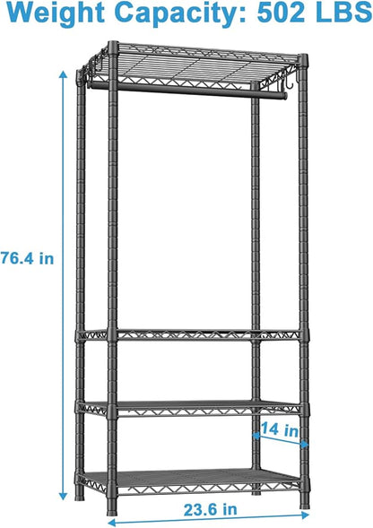 Ulif H4 Mini Portable Closet, 4 Tiers Freestanding Clothing Garment Rack for Small Space, Metal Clothes Wardrobe System for Bedroom, 23.6" W x 14" D x 76.4" H, Load 502 lbs, Black