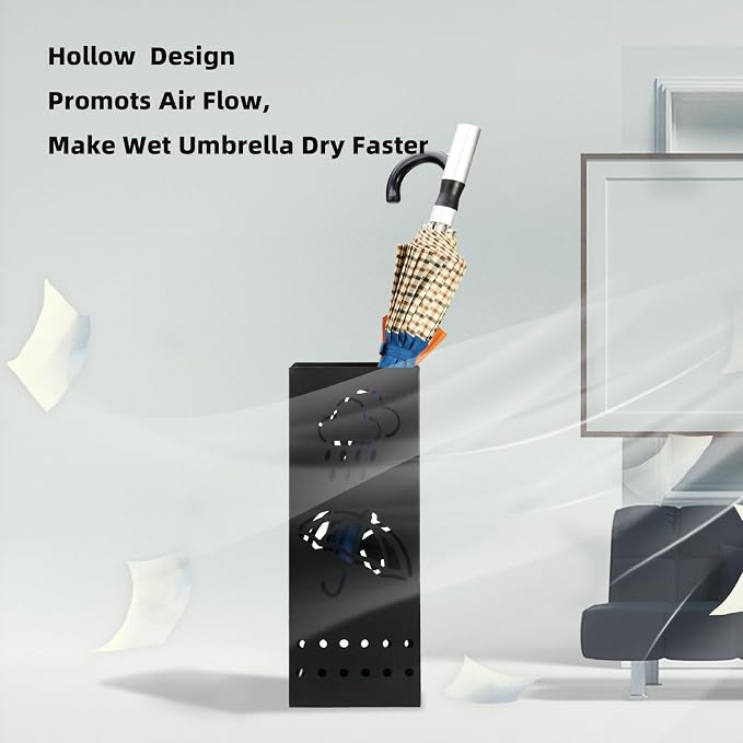 BEWBBAT Umbrella Stand Rack for Entryway, Black Square Metal Umbrella Holder, Free Standing Umbrella Storage Organizer Bin with for Home Office Hotel Decor, 6 x 6 x 17 Inch, Hold 6 Umbrellas