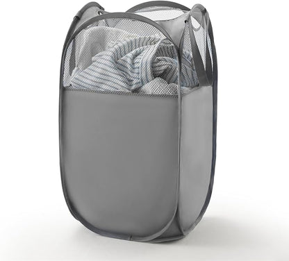 TECHMILLY Pop Up Foldable Laundry Basket, Mesh Laundry Hamper with Reinforced Handles for Dirty Clothes Storage in Dorm, Laundry Room, Bathroom, Grey(Fabric)