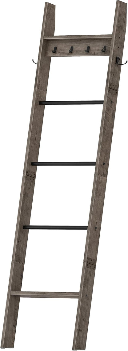 CHOEZON 5-Tier Blanket Ladder, Wooden Blanket Display Rack, Towel Ladder with Hooks, Wall Leaning Display Shelf, for Living Room, Bedroom, Balcony, Greige and Black MCJ02BG