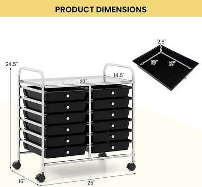 Giantex 12 Drawers Rolling Cart, Mobile Storage Drawer Cart, Classroom Organizer Cart for Office School Supplies Tools Scrapbook Paper Craft Small Printer, Utility Cart on Wheels, Black