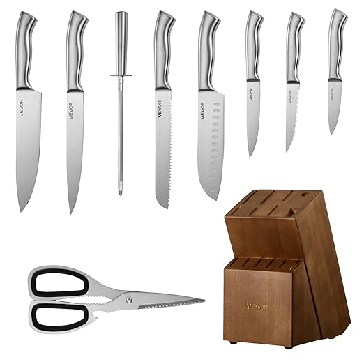 VEVOR Kitchen Knife Set with Block and Sharpener, 15 Piece German High Carbon Stainless Steel Sharp Knife Set, Kitchen Cutlery with Ergonomic Handle, Sharpening Rod and Wooden Block, for Home Cooks
