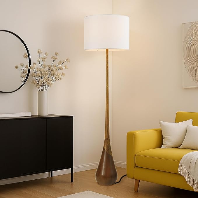 Globe Electric Novogratz x Globe Harrington 65" Floor Lamp, 2-Tone Faux Wood Base, White Fabric Shade, Socket Rotary Switch 67225