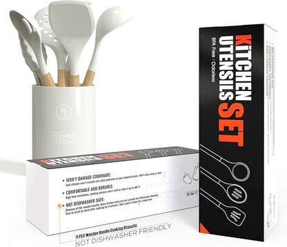 oannao Silicone Cooking Utensils Set - 446°F Heat Resistant Silicone Kitchen Utensils for Cooking,Kitchen Utensil Spatula Set w Wooden Handles for Non-Stick Cookware, BPA FREE (Cream White)