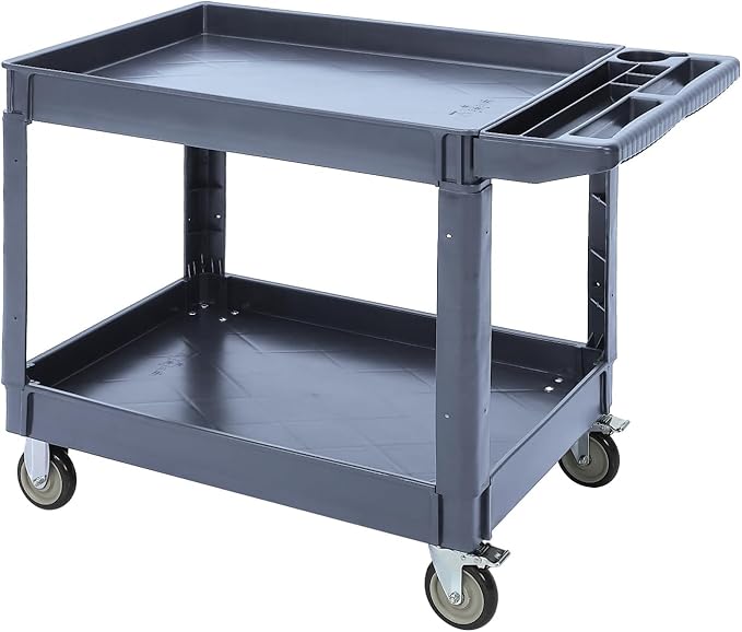 Utility Service Cart 2-Shelf 500 Lbs Capacity, Heavy Duty Rolling Cart with Two Trays and Brake Wheel for Warehouse, Garage, Cleaning, Manufacturing, Storage Handle, 45"X25" Gray