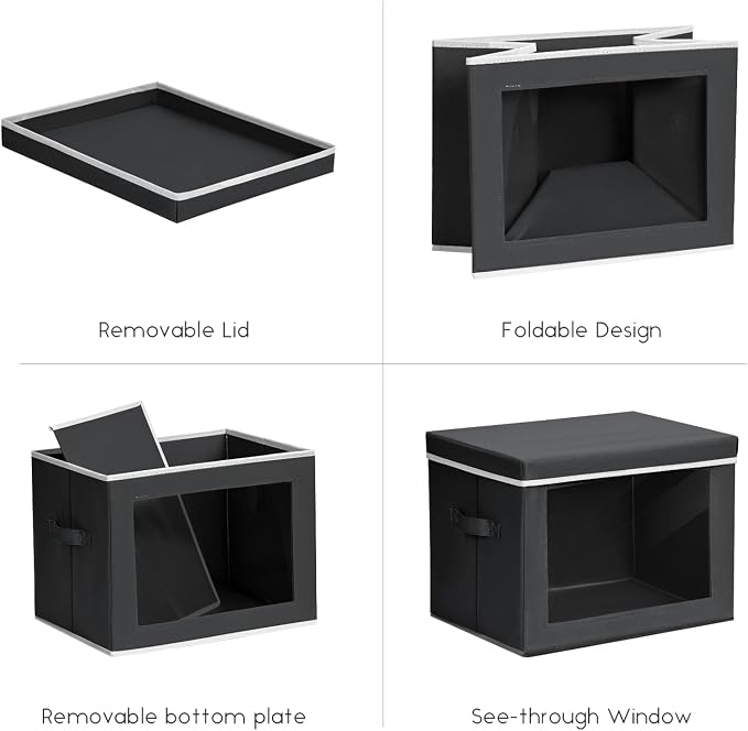 Homsorout Storage Bins with Lids - Small Fabric Organizers with Window, Collapsible Storage Bins for Clothes, Decorative Closet Organizers for Towels, Tshirt, 3 Pack, Black