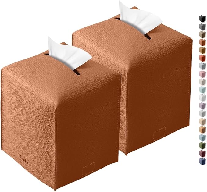 Tclouda Tissue Box Cover for PU Leather, Modern Simple Solid Color Holder Square Tissue Bag, Ideal for Bathrooms,Office,Car,Nightstand,Outdoor Tent,Dining Table,5"X5"X5", Double Camel