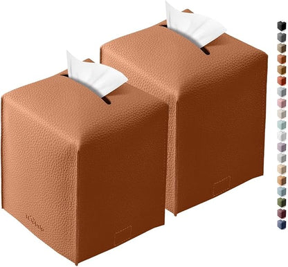Tclouda Tissue Box Cover for PU Leather, Modern Simple Solid Color Holder Square Tissue Bag, Ideal for Bathrooms,Office,Car,Nightstand,Outdoor Tent,Dining Table,5"X5"X5", Double Camel