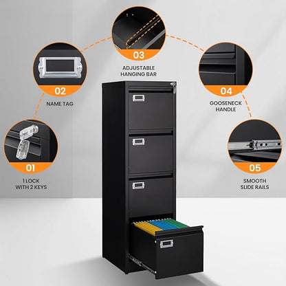 4 Drawer File Cabinet with Lock, Metal File Cabinets for Home Office,18" Deep Vertical Black Filing Cabinets Office Storage Cabinet for Letter/Legal / A4 / F4 Size, and File Folders