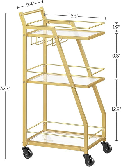 Bar Cart for The Home, Small Bar Cart on Wheels, Home Bar Serving Cart with Glass Holder, for Kitchen, Transparent and Gold BC03GD