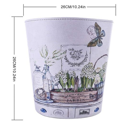 Wastebasket, British Style PU Leather Round Decorative Trash Bin Garbage Can Wastebasket Without Lid for Living Room Home Office - Plants and Butterfly