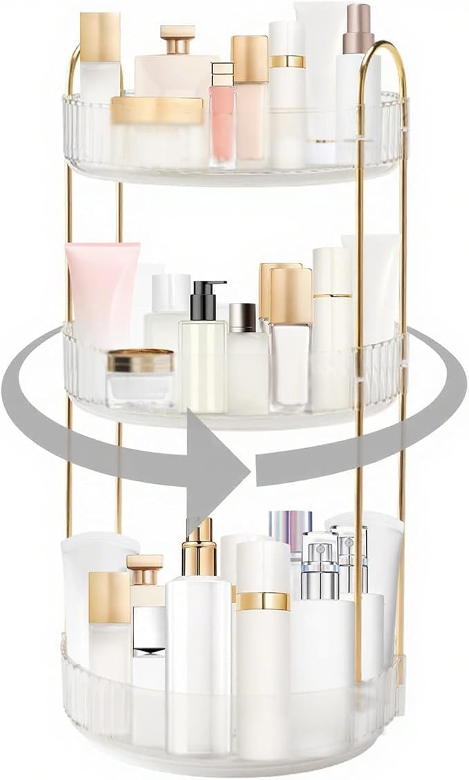 INVSSENE 360° Rotating Makeup Organizer, Bathroom Make Up Spinning Holder Rack, Large Capacity Cosmetics Storage Vanity Shelf Countertop, Fits Cosmetics, Perfume, Skincare, Lipsticks(3 Tiers, Clear)