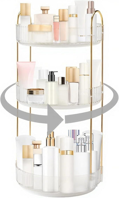 INVSSENE 360° Rotating Makeup Organizer, Bathroom Make Up Spinning Holder Rack, Large Capacity Cosmetics Storage Vanity Shelf Countertop, Fits Cosmetics, Perfume, Skincare, Lipsticks(3 Tiers, Clear)