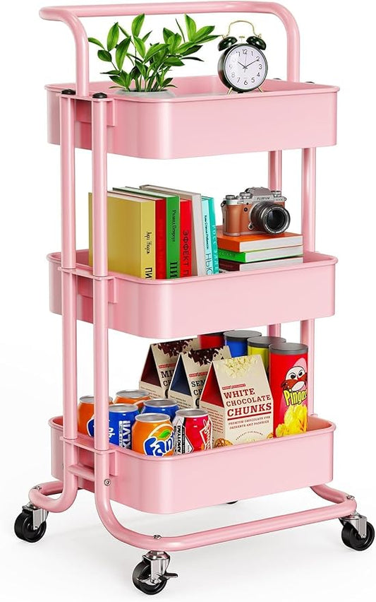 Pipishell 3 Tier Rolling Cart, Metal Utility Cart with Lockable Wheels and Handle, Rolling Storage Cart for Nursery Room, Living Room, Painting Room, Office and Kitchen, Pink