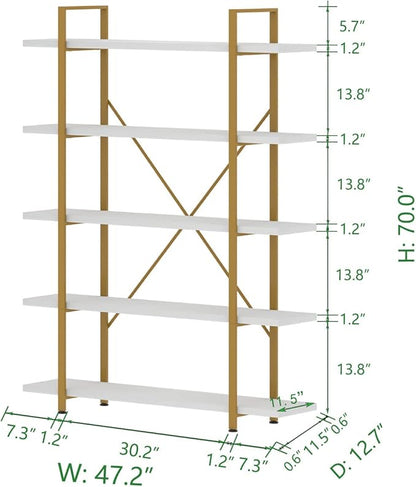 HSH 5 Tier White and Gold Bookshelf, Tall Storage Bookshelves for Bedroom Living Room Office, Metal and Wood Large Book Shelves, Modern Vertical 5 Shelf Bookcase, Farmhouse Big Open Display Book Shelf