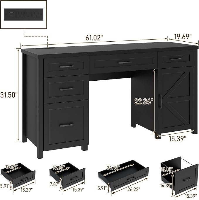 Farmhouse 61'' Executive Desk with 5 Drawers, Rustic Office Desk Computer Desk with Charging Station, File Drawers and Storage Cabinet, Wood Workstation for Study and Home Office,( Pure Black.)