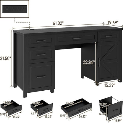 Farmhouse 61'' Executive Desk with 5 Drawers, Rustic Office Desk Computer Desk with Charging Station, File Drawers and Storage Cabinet, Wood Workstation for Study and Home Office,(Pure Black.)