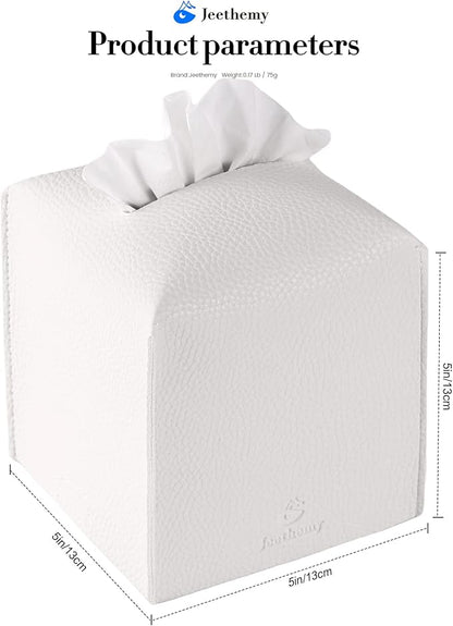 Tissue Box Cover, Jeethemy Square PU Leather Tissue Box Holder, Modern Tissue Case Facial Paper Organizer Dispenser，5X5X5'',Double White