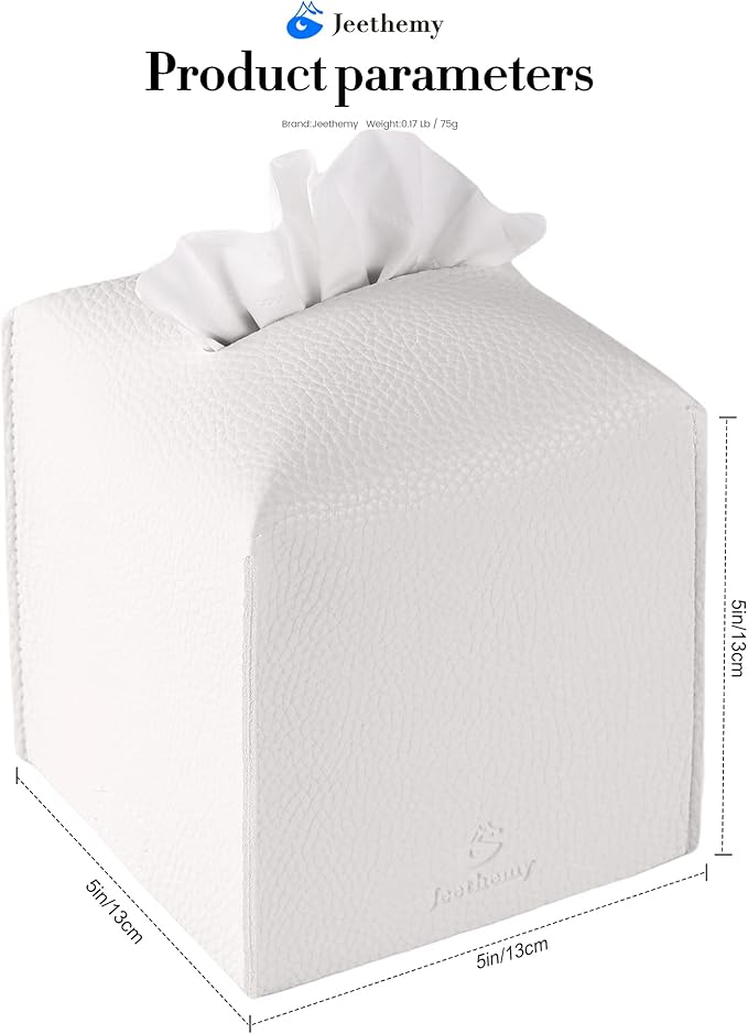 Tissue Box Cover, Jeethemy Square PU Leather Tissue Box Holder, Modern Tissue Case Facial Paper Organizer Dispenser，5X5X5'',Three White
