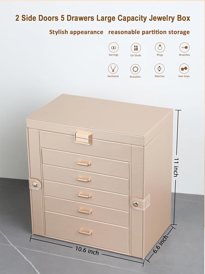 BOOVO Jewelry Box For women, 6 Layer Large Jewelry Organizer With Mirror, Multi-Function Storage Box With Lock, Necklace Holder With 5 Drawers, For Earrings Necklace Bracelet (Champagne Gold)