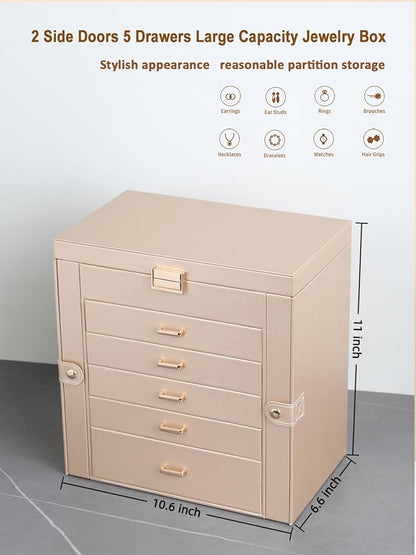 BOOVO Jewelry Box For women, 6 Layer Large Jewelry Organizer With Mirror, Multi-Function Storage Box With Lock, Necklace Holder With 5 Drawers, For Earrings Necklace Bracelet (Champagne Gold)