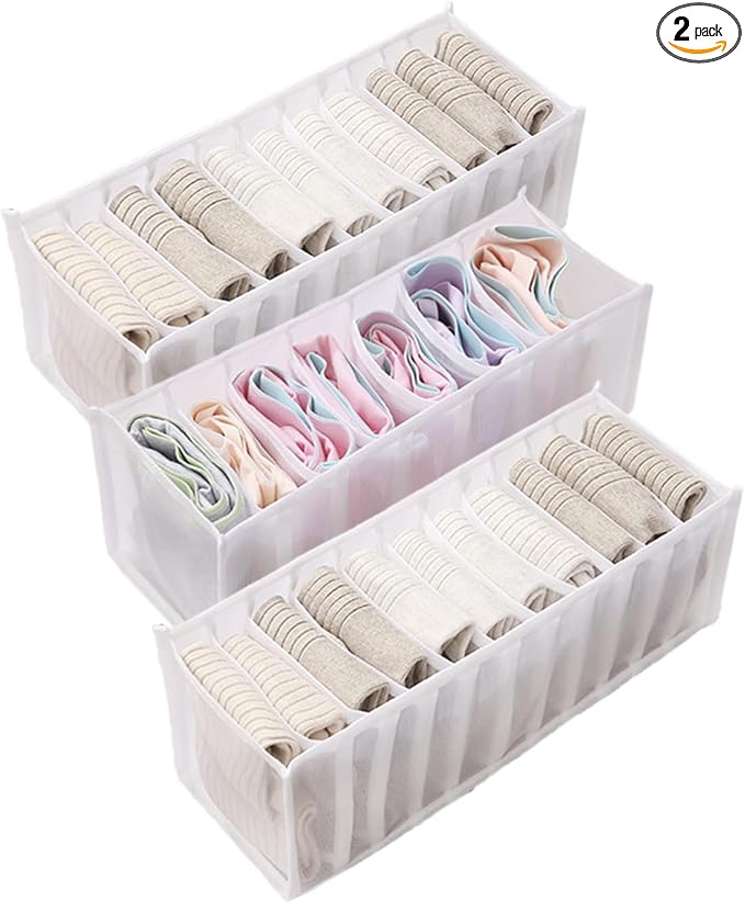 3 Pack Drawer Organizer for Underwears, Sock,Tie Foldable Closet Organizer Drawer Soft Fabric Dresser Drawer Divider Bins for Underwear Socks Ties (White, 3PCS Underware+Socks)