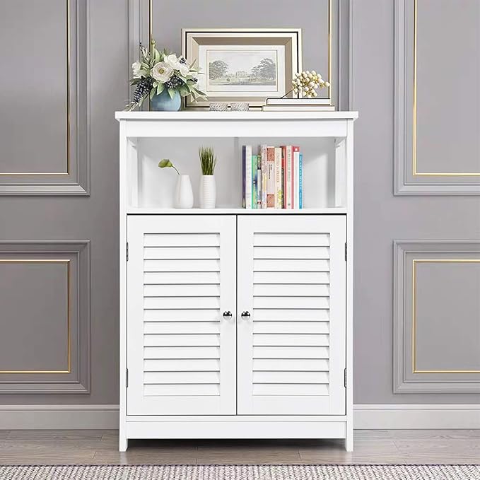 Tangkula Bathroom Floor Cabinet, Wooden Freestanding Storage Cabinet with Double Shutter Door & Adjustable Shelf, Storage Cabinet for Bathroom Living Room (White)