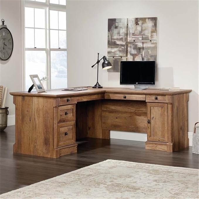 Pemberly Row Home Office L Shaped Corner Desk with Computer Tower Storage and Letter/Legal File Drawer, Vintage Oak