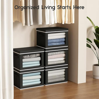 Collapsible Storage Bins with Lids - Stackable Storage Containers with Window, 3 Pack Fabric Bins for Closet, Home & Office Organization Baskets, Black, 14.9" x 9.8" x 9.8"