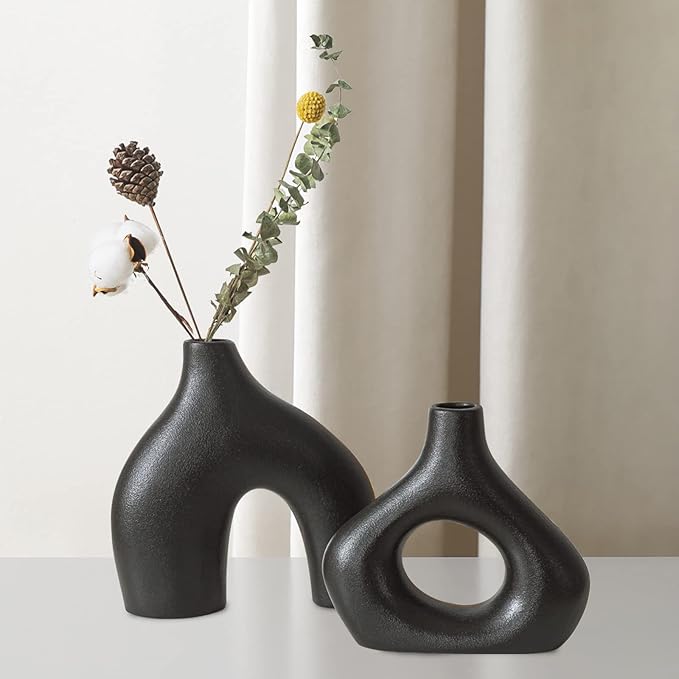 BLACK Ceramic Vase Set of 2 for Modern Home Decor, Round Matte Donut Vases for Pampas Grass, Neutral Boho Nordic Minimalism Style Flower Vases for Living Room Wedding Dinner Table Party Office Bedroom