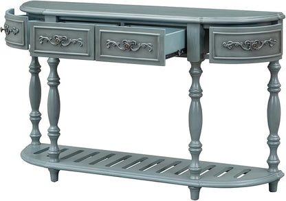 HMFULE Retro Curved Console Table, 52" Solid Wood Half Moon Console Table Sofa Table with 4 Drawers 1 Open Shelf for Living Room,Entryway,Hallway,Antique Blue