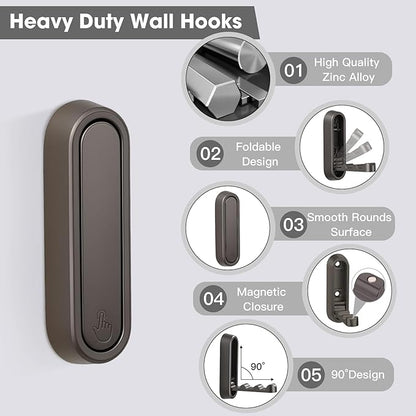 Dntorx Folding Coat Hooks, 2 Pcs Foldable Grey Wall Hooks Heavy Duty Foldable Hook Bathroom Towel Hooks Robe Hooks Wall Mounted for Hanging Coat Towels Clothes Hat Bags Keys