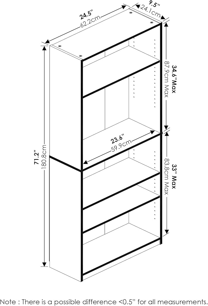 Furinno JAYA Book Shelf, 5-Tier Bookshelf, Bookcase with Adjustable Shelves, 9.5" x 24.5" x 71.2", for Organization and Storage, for Living Room, Bedroom, Home Office, Espresso