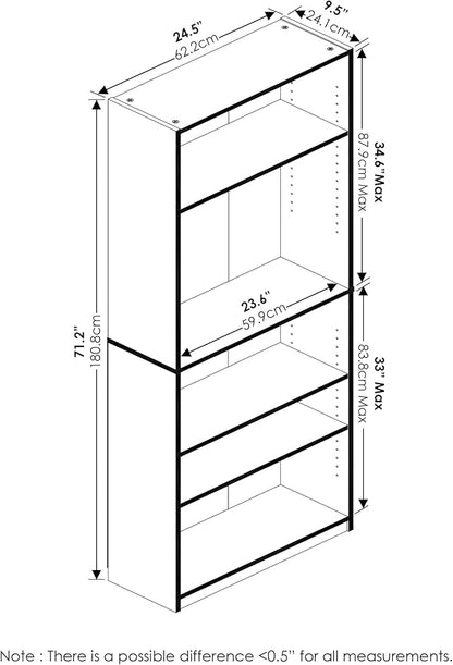Furinno JAYA Book Shelf, 5-Tier Bookshelf, Bookcase with Adjustable Shelves, 9.5" x 24.5" x 71.2", for Organization and Storage, for Living Room, Bedroom, Home Office, Espresso