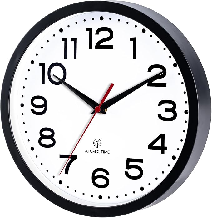 Roymnie Atomic Wall Clock 12 Inch, Modern Clock Battery Operated Classic Analog Decorative for Kitchen, Living Room, Office, Bedroom, Bathroom (Black)