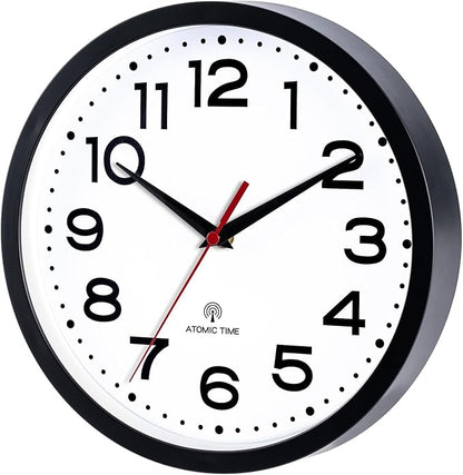 Roymnie Atomic Wall Clock 12 Inch, Modern Clock Battery Operated Classic Analog Decorative for Kitchen, Living Room, Office, Bedroom, Bathroom (Black)