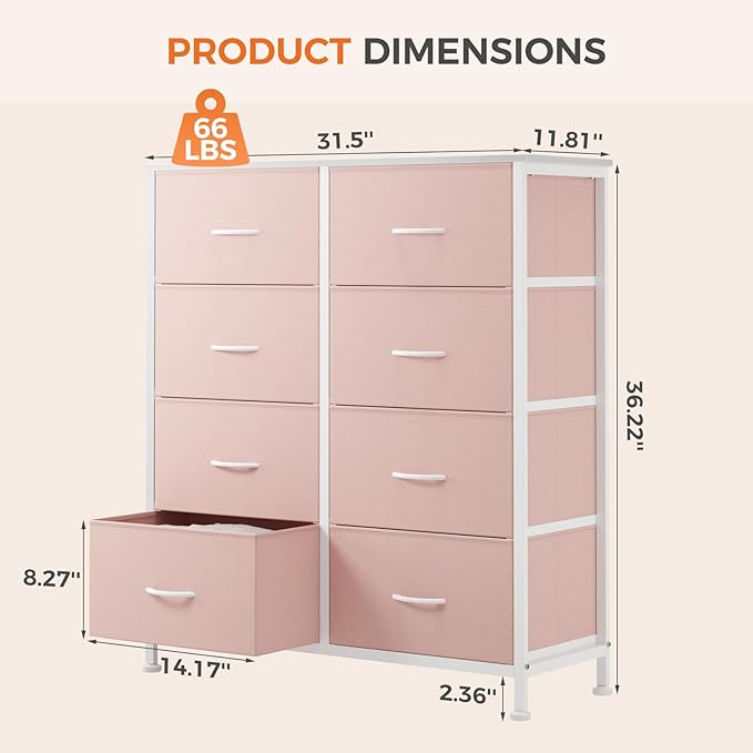 Sweetcrispy 8 Drawer Fabric Dresser for Bedroom, Tall Double Dresser Chest of Drawers with Sturdy Steel Frame and Wooden Top, Closet Living Room Storage Organizer with Easy Pull Handles,Pink