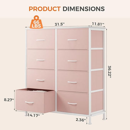 Sweetcrispy 8 Drawer Fabric Dresser for Bedroom, Tall Double Dresser Chest of Drawers with Sturdy Steel Frame and Wooden Top, Closet Living Room Storage Organizer with Easy Pull Handles,Pink