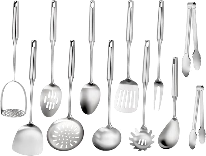 304 Stainless Steel Cooking Utensils Set, 12 Pcs Long Stainless Steel Kitchen Utensils Set, Metal Cooking Utensils Set with Potato Masher, Spoon, Ladle, Skimmer, Pasta Server etc(Dishwasher Safe)