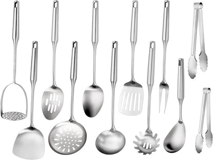 304 Stainless Steel Cooking Utensils Set, 12 Pcs Long Stainless Steel Kitchen Utensils Set, Metal Cooking Utensils Set with Potato Masher, Spoon, Ladle, Skimmer, Pasta Server etc(Dishwasher Safe)
