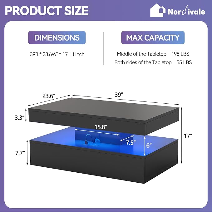 39" High-Glossy LED Coffee Table with 2 Sliding Drawers,Living Room Storage Coffe Tables,Modern Stylish Double-Layer Center Tables with LED Lights,Black