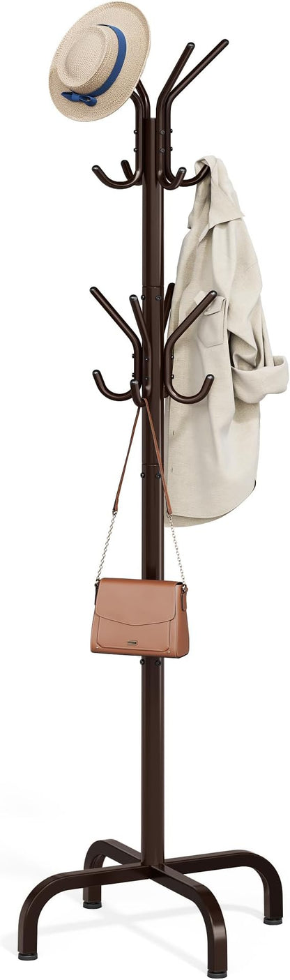 SONGMICS Coat Rack Freestanding with 16 Hooks, Metal Coat Tree Stand with 4 Adjustable Feet, Clothes Hanger Stand for Entryway Bedroom Living Room Hallway Office,Bronze URCR083MZ01S